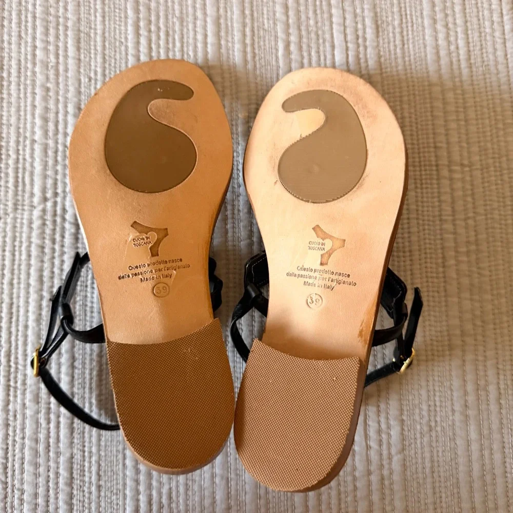 NEW Corcione dal 1925 Women Black Leather TStrap Slingback Sandals Italy Size 39